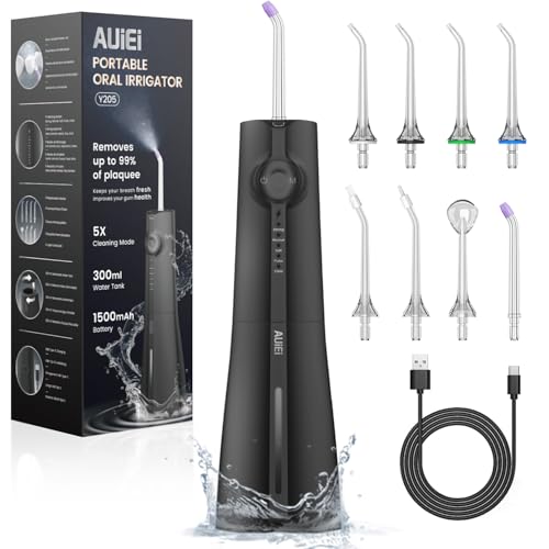 AUIEI Idropulsore dentale senza fili, irrigatore orale con 5 modalità e 8 ugelli, water flosser elettrico impermeabile...