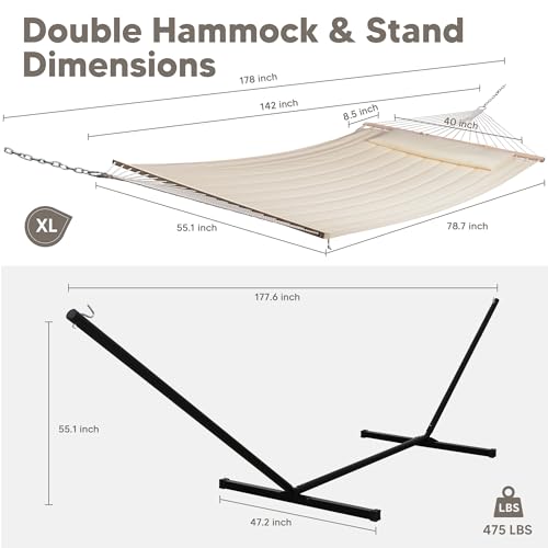 Image of SUNCREAT Double Outdoor Hammock with 15 ft Stand, Standing Patio Hammocks for Outside, Beige
