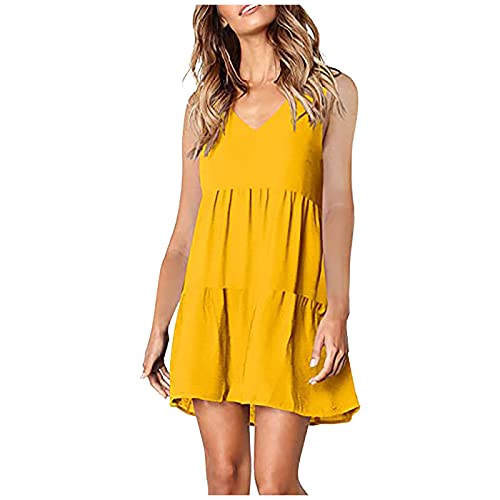 Aniywn Women s Summer Tunic Dress V Neck Casual Loose Flowy Swing Shift Dress Solid Color Cute Bohemian Sundress Yellow