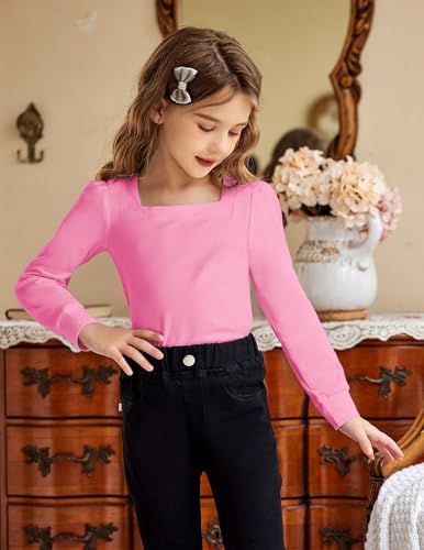 Image of Arshiner Girls Shirt Casual Square Neck Long Sleeve Shirts Fall Winter Tunic Tops For Girls 5-12 Years