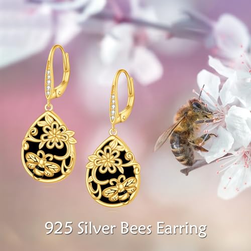 Image of LUHE Bee Earrings for Women 925 Sterling Silver Bumble Earrings with Honeycomb Honeybee Jewelry Dangle Gifts for Women