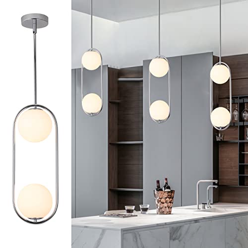 SeeU Chrome Pendant Lighting Mid Century Pendant Light Fixture Hanging Lighting Fixture with White Globe Glass Lampshade Pendant Chandelier for Kitchen Island Dining Room Bedroom
