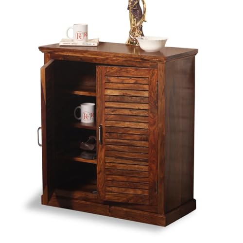 Image of Solid Sheesham Wood Shoe Rack Wooden with 2 Doors | Multipurpose Shoe Rack Storage Cabinet Organizer Shoe Stand for Home, Office, Entryway, Hallway & Living Room, Bedroom | Natural Finish