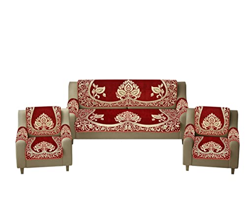 Image of Velvet Sofa Cover with Arm Covers Set of 5 Seater - Premium Sofa Covers 3 Seater and 2 Seater Full Cover Set for Couch Seat - Heavy Fabric Sofa Slip Back Protector, 2701 Maroon