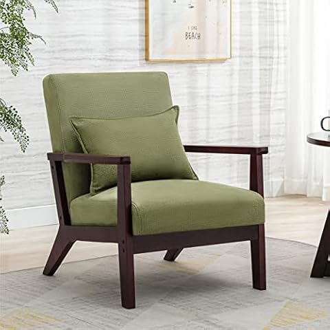 HomeMiYN Mid-Century Wood Frame Armchair Retro Accent Chair with Pillow Breathable Line Chairs for Lounge Living Room Reception Bedroom Balcony Office Green Cover
