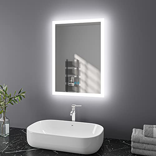 Finmrys Bathroom Mirror with LED Lights, 500 x 700 mm Illuminated Bathroom Mirror with Demister Dimmable 3 Colour Light Memory Function Horizontal/Vertical (19.69x27.56 Inch)