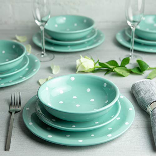 Handmade Teal Blue And White Polka Dot Ceramic 12 Piece Dinnerware Set | Pottery Tableware Service For 4 | Dinner Plates | Side Plates | Bowls | Housewarming Gift By City To Cottage® #TOP1