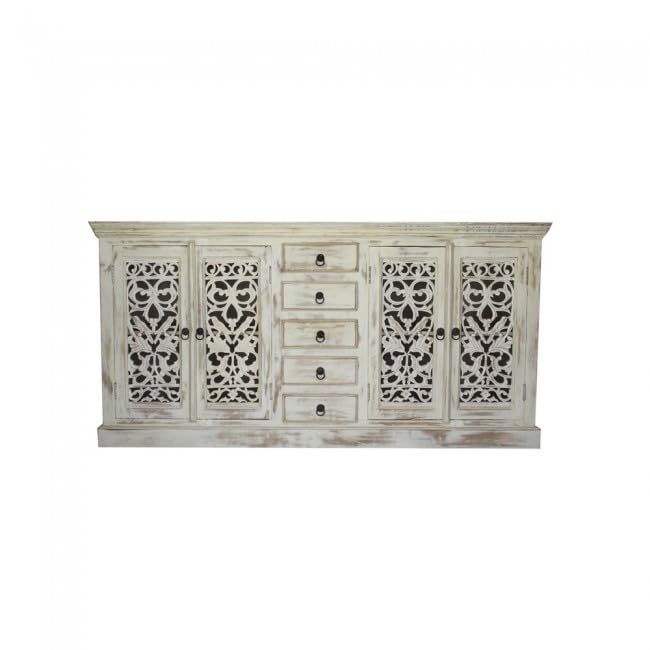 Arman HANDICRAFTS Mango Wood Sideboard Cabinet with 4 Doors & 5 Drawers | Hand-Carved Wooden Buffet Cabinet for Living Room & Dining | Large Storage Console | Antique White Finish-image-15