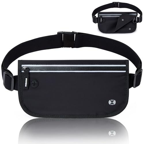 KALIDI FANCY FOREST セキュリティ ポーチ ウエストポーチ シークレットポーチ パスポート カードバッグ 超軽量 超薄型 隠しポーチ RFID スキミング防止 盗難防止 多機能 防犯グッズ 海外旅行 (ブラック(黒ジッパー))