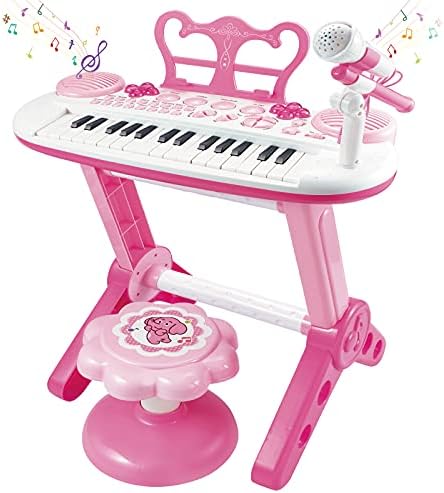 Kids Piano Keyboard Toys, 31-Keys Piano for Toddler Ages 3-5-9, Educational Toy with Microphone, Stool, Portable Multifunction Electronic Musical Instrument, 3+Year Old Girls Birthday Gift Ideas-Pink