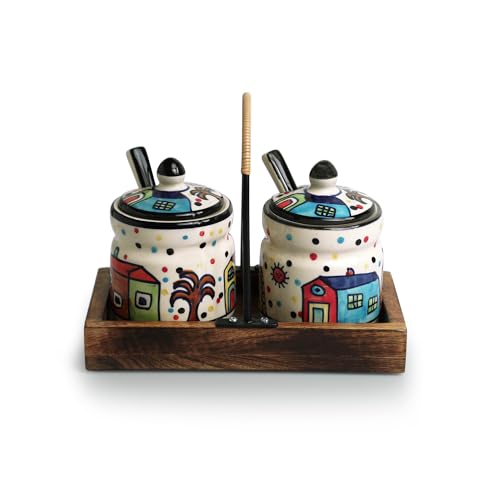 Image of ExclusiveLane 'Hut Handpainted' Ceramic Pickle Jars for Dining Table With Spoon & Wooden Holder (Set of 2, 280 ml) |Pickle Jar With Spoons Achar Jar Set for Dining Table with Spoon Container