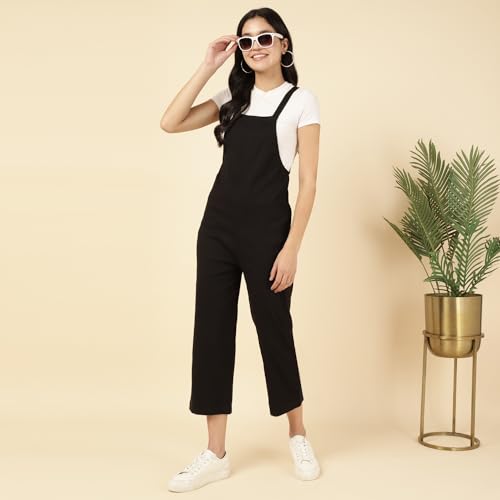 Image of DEEBACO Women's Solid Rayon Slub Lycra Calf Length Dungaree Jumpsuits For Women Stylish|Square Neck|Sleeveless|One Piece Western Dress For Woman|Ladies Dress|Party Casual Wear(Black)