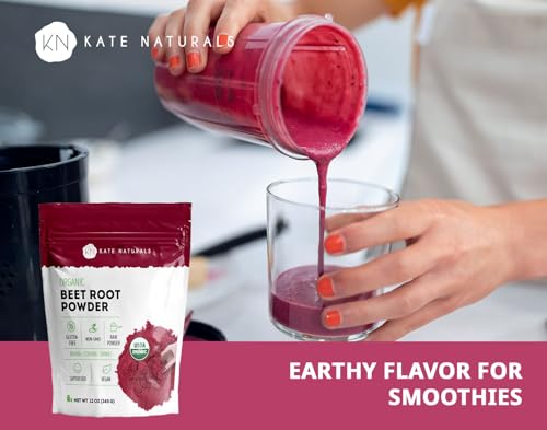 Image of Kate Naturals Organic Beet Root Powder for Smoothies, Baking & Juice. Raw Beetroot Superfood & Natural Red Food Coloring (12oz, Non-GMO, Earthy Flavor) (Pack of 2)