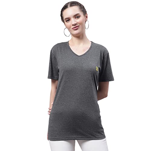 Image of Mack Jonney Women V Neck Cotton Solid Regular Fit T-Shirt-V Anthraa 001-P