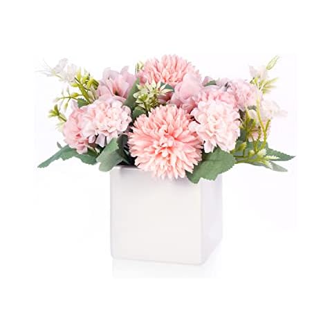 Gioyonil Fake Flowers with Ceramic Vase, Pink Faux Hydrangea Peony Artificial Flowers Arrangements in Vase Decoration for Dining Table Centerpiece Home Office Decor Party Wedding Cover
