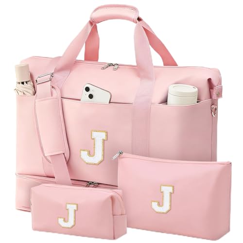 kookoomia Personalized Initial Travel Duffle Bag for Women, Dance Bags with Foldable Shoe Compartment, Carry-On Weekender Duffel, Gifts for Teenage Girls, Water Resistant, Pink Letter J