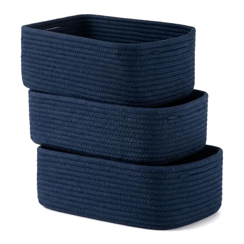 Lot de 3 paniers de rangement rectangulaires - Panier de rangement décoratif - Petit panier cadeau - Panier d'étagère - Corbeille à serviettes en corde - Rangement pour jouets - 28 x 18 x 11 cm - Bleu