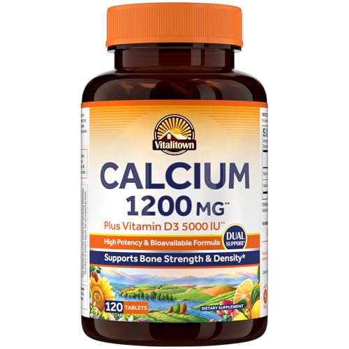 Vitalitown Calcium 1200 mg with Vitamin D3 5000 IU Supports Bone Strength Teeth & Immune System Maximum Absorption Calcium Carbonate Easily Absorbable for Women & Men 120 Tablets
