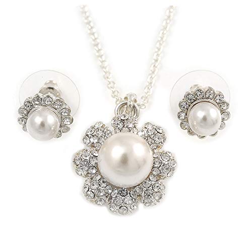 Conjunto de collar de flor y pendientes con perlas y cristal transparente con cadena plateada