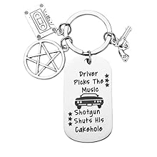 🚗Birthday Gifts for TV show Fans: The keyring engraved with a famous line from a famous TV show "Driver picks the music, shotgun shuts his cakehole" with a symbol of the Pentagram, a music tape and a gun, perfect birthday gifts for SPN fans 🚗Funny Gi...