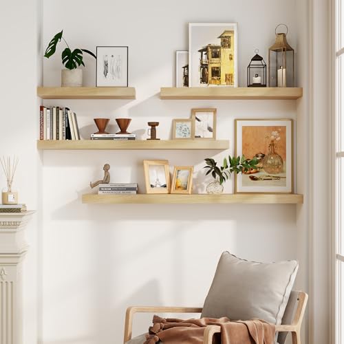Solid Wood Floating Shelves For Wall, 24”W x 9”D x 1.56”H Large Wall Shelves for Living Room Bedroom Bathroom Kitchen Drcor Storage with Invisible Heavy-Duty Metal Bracket, Natural, Set of 2 - Image 3