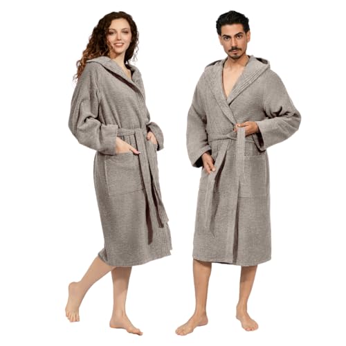 nice homeit Peignoir unisexe pour femme/homme avec capuche - en éponge de coton 100% OEKO-TEX - doux, absorbant, Design italien, taupe, XL