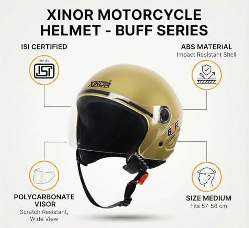 Image of Buff Open Face Helmet Medium | ISI Certified Bike Helmet for Men & Women | Lightweight ABS Shell with Clear Visor & Adjustable Strap for Scooter & Motorcycle (Matte Black)