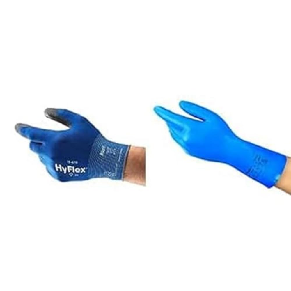 HyFlex 11-618 Guantes de Trabajo, Revestimento de Poliuretano Antideslizante, Azul, Talla L (12 Pares) + AlphaTec 37-310 Guantes de Nitrilo, Protección Química, Azul, Talla L (12 Pares)