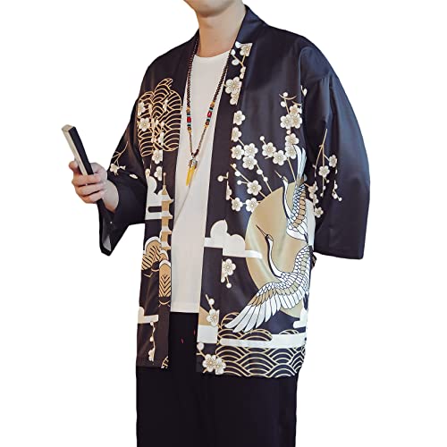 Image of PRIJOUHE Men's Lightweight Kimono Jacket Seven Sleeve Open Front Cardigan Coat Japanese Style Bathrobe