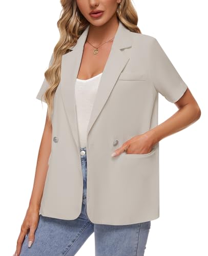 MINTLIMIT Womens Casual Blazers Notch Lapel Short Sleeve Button Front Blazer Jacket Suits Tailored Workwear,Apricot,XL2