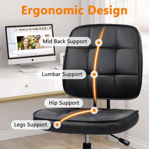 Image of CLATINA Armless Home Office Chair with Lumbar Support and Wheels, Small PU Leather Ergonomic Low Back Desk Chairs No Arms, Adjustable Height 360 Swivel Rolling Computer Task Chair, Black, 8 Pack