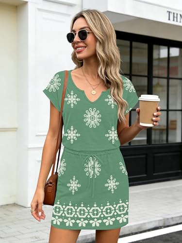 Image of SAUKOLE Women Summer T Shirt Dress Casual Short Sleeve V Neck Dress with Pockets Drawstring Waist Short Dresses