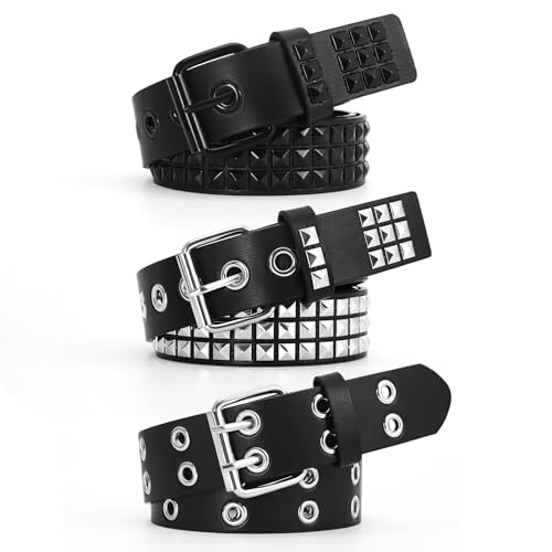 3 Pcs Studded Belt Y2K Metal Goth Punk Rock Rivet Belt with Bright Pyramid Studded for Women Men
