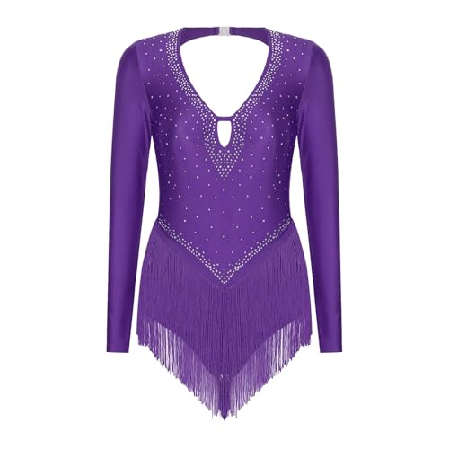 Robe danse latine à strass et franges col en V avec justaucorps intégré pour femme