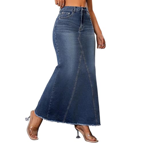 Women's Frayed Fishtail Long Denim Skirt High Waist Patchwork Wrap Hip Maxi Jean Skirts
