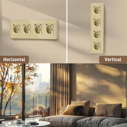 BSEED USB Steckdose Vierfach Golden Schuko Steckdose mit USB Anschluss (Max. 2.1A) Typ C Port Unterputz Steckdose Glas Schutzkontakt-Steckdose Ladeger&auml;t f&uuml;r Handys, Laptops etc