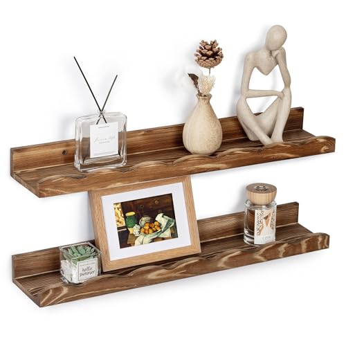 Image of Fun Memories Picture Ledge Shelf for Wall, 24 inch Pine Wood Nursery Book Shelves Set of 2- Wall Book Shelves for Kids Room, Home Decor - Kitchen Spice-Carbonized