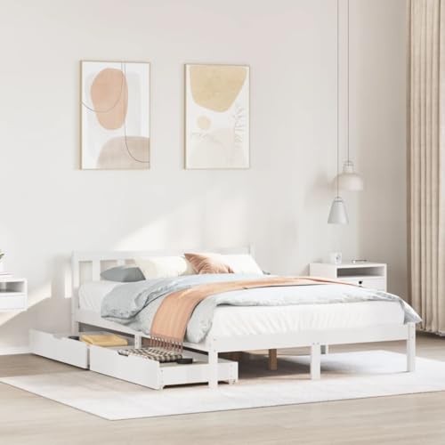 Brokky Estructura de Cama sin colchón somier Estructura Cama Base de Cama Bed Frame Mueble camamadera de Pino Blanco 135x190 cm / 3301466