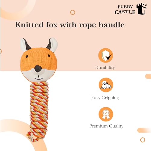 Image of Knitted Fox Handle with Rope Dog Toy 100% Polyester, Cotton Cord with Squeakers- Orange