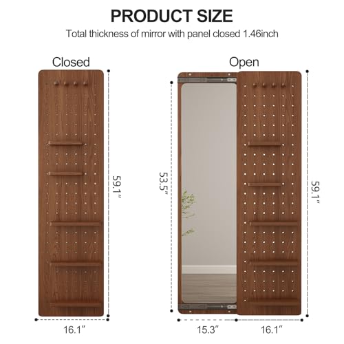Image of KungFuWood Full Length Mirror with Shelf and Hooks,Entry Way Mirrors for Wall,Wall Mirror with Shelf,Wall Mirror with Storage Multifunctional Design Panel,Living Room (Walnut, 63 inch L x 18 inch W)