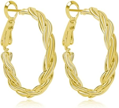 14K Gold Plated Hoop Earrings for Women Cable Twist Design Hypoallergenic Snap Closure Durable 14K Gold Plated Earrings for Women Gift Ready