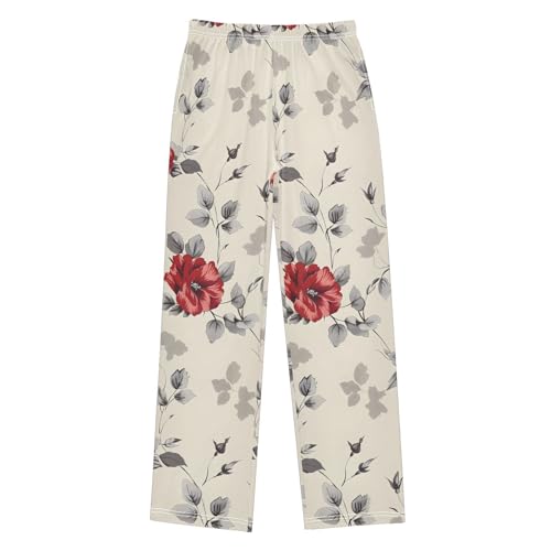 Red Flower Ink Pajama Pants Long Sleep Pant Soft PJ Bottoms Sleepwear