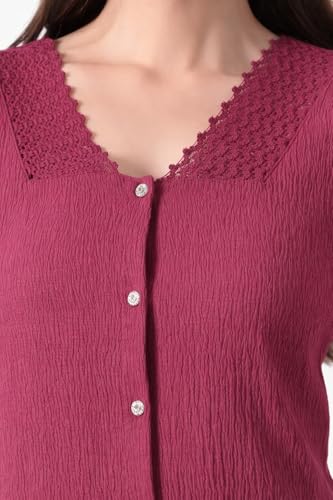 Image of Women V Neck Top with Button Front Puff Sleeves Crochet Lace Trim | Breathable Casual Blouse Shirt for Women | Summer Crop Top for Girls | Daily use Office College