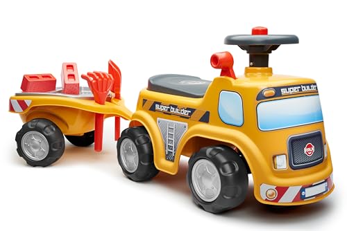 Falk Yellow Super Builder Truck Vehicle, with Trailer and Sand Playset, Push Ride-on Toy for Toddlers +1 Year FA706C