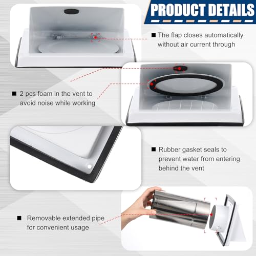Image of Gisafai 4 inch Outside Dryer Vent Cover for Exterior Walls Exhaust Vent Cap with Removable Extension Pipe Stainless Steel Hood Cushioned Non Return Flap with Sealing Gasket Grille Screen