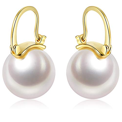 925 Sterling Silver 14mm White Round Pearl Drop Earrings for Women Fashion Dangle Hoop Earrings for Wedding Minimalist Jewelry for Girls