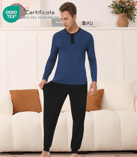 Image of NACHILA Mens Pajamas Set Long Sleeve Henley Sleepwear Top Soft Jogger Pants Pajamas Cool Pjs Set,Viscose Made from Bamboo