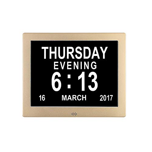 Digitale Kalender-Tagesuhr, automatisch dimmbares Display, großer, Nicht abgekürzter Tag und Monat mit 5 Alarm- und 3 Medikamentenerinnerungen für