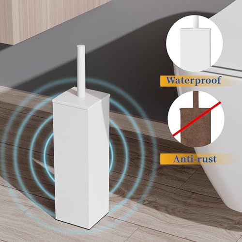 Image of RUACQ Toilet Brush and Holder Set, Square, White | SUS304 Stainless Steel Handle, Toilet Cleaner Brush with Durable Scrubbing Bristles, Splash-Proof