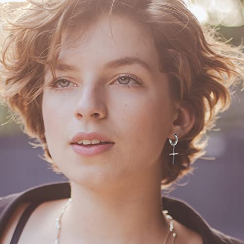 Ldurian Cross Huggie Hoop Earrings | Minimalist Hanging Cross Earrings For Men | Tiny Plain Cross Charm Dangle Drop Studs Jewelry For Women Girls #TOP2